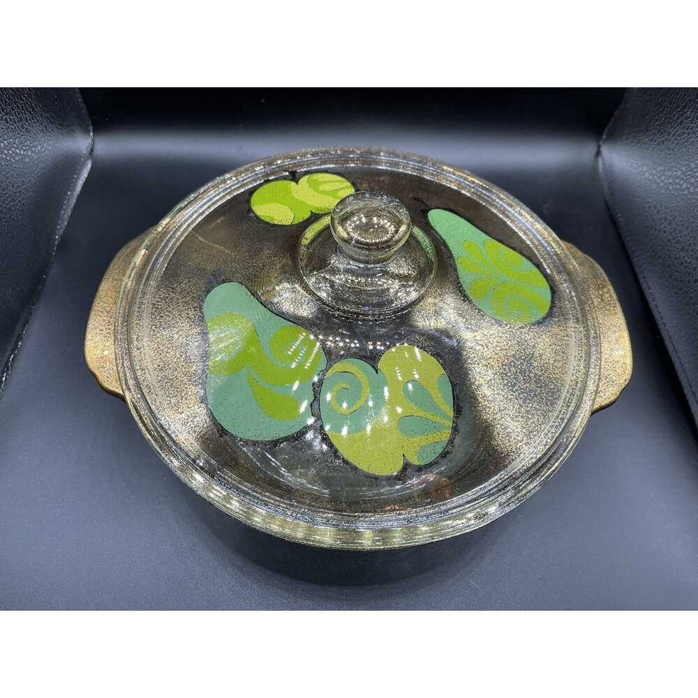 Fire King Georges Briard Covered Casserole 2 Qt Pears & Apples Green Blue Gold